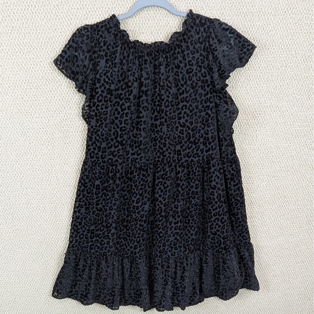 LOFT Velvet Burnout‎ Swing Dress Medium Black Leopard Tiered Hem Flutter Sleeve